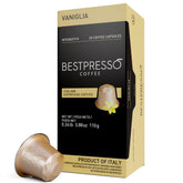 Bestpresso front packaging showing vanilla pods and convenience