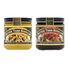 Better Than Bouillon front packaging showing both roasted beef and chicken jars, quick flavor solution