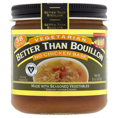 Better Than Bouillon No Chicken Base jar close-up, shows texture and easy spoonable use benefit