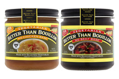 Better Than Bouillon front packaging showing both vegetarian base jars, highlights variety and convenience