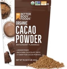 BetterBody Foods cacao front packaging showing 16 oz bag and branding benefits