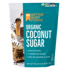BetterBody Foods front of bag showing organic coconut sugar and benefits