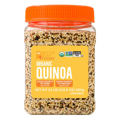 BetterBody Foods front packaging showing 1.5 lb organic quinoa benefits