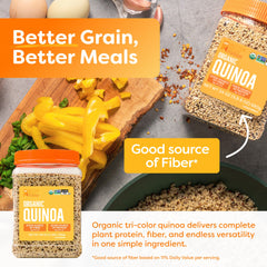 BetterBody Foods open container top view revealing tri-color quinoa for convenience