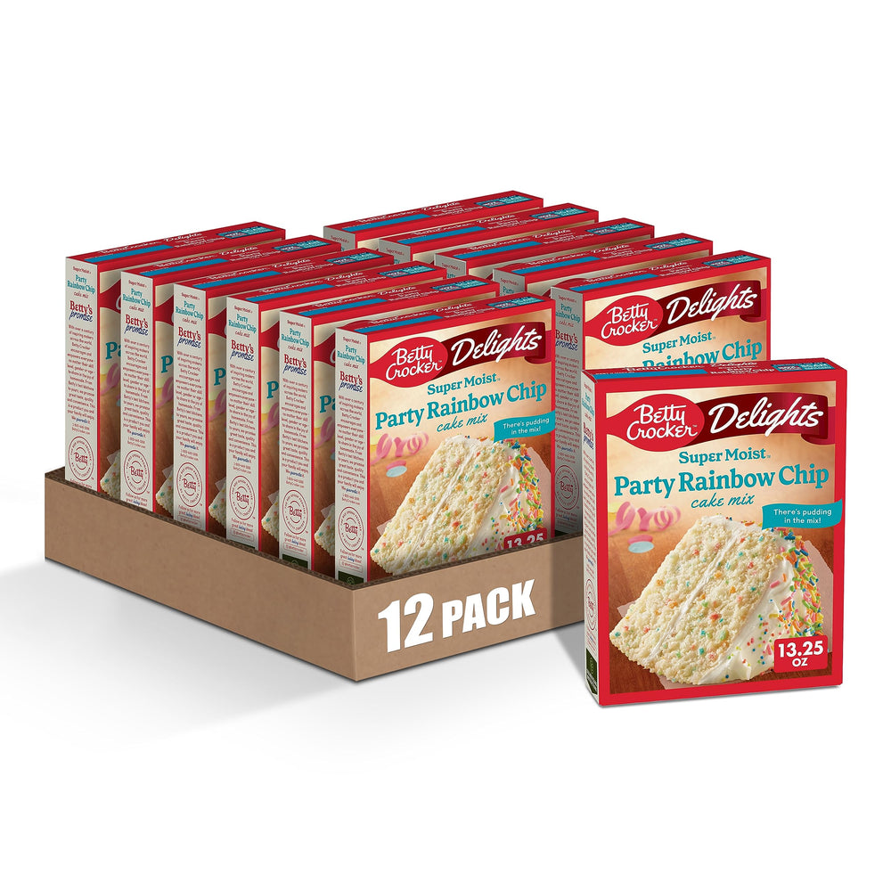 Betty Crocker front box showing Party Rainbow Chip branding and clear directions benefit quick baking