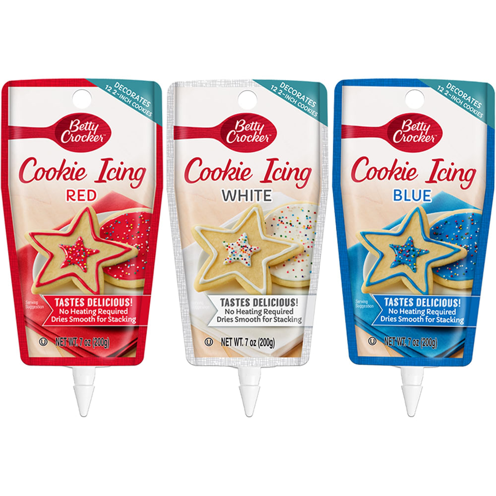 Betty Crocker front packaging showing three red white blue pouches and clear benefit