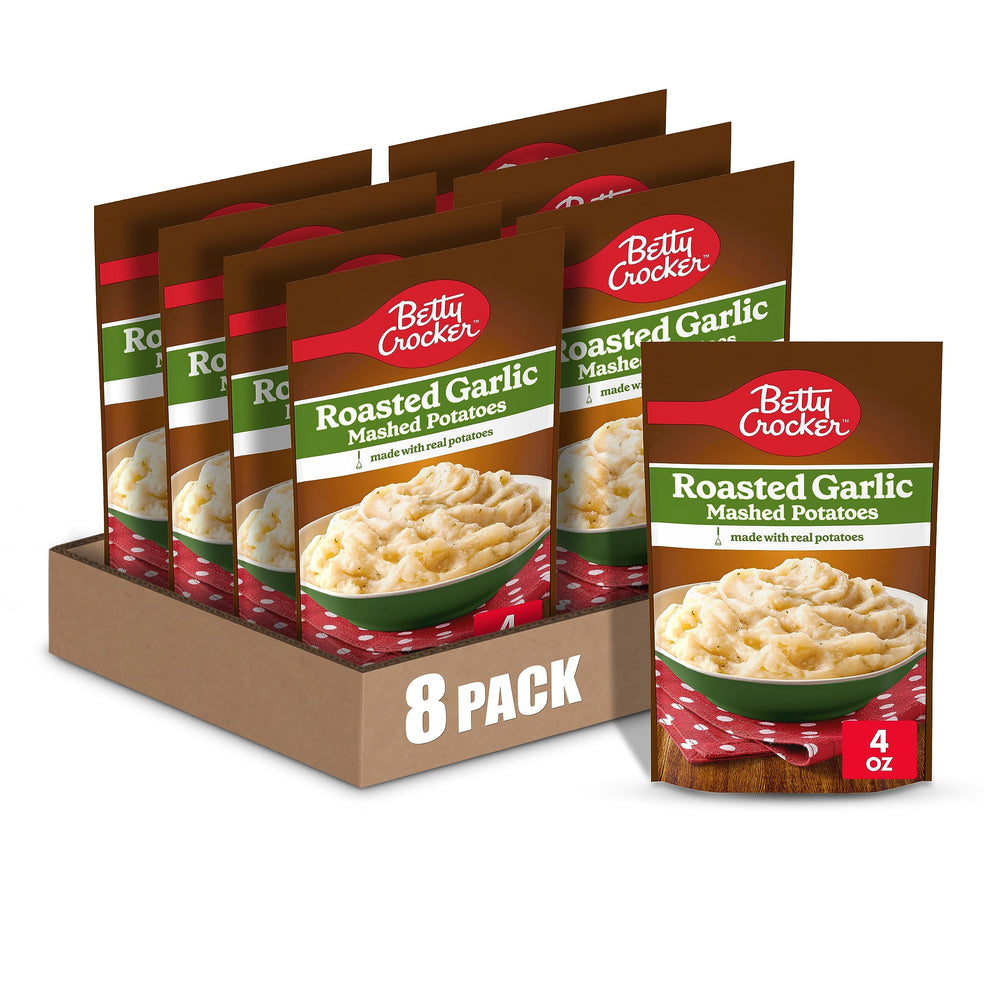 Betty Crocker front packaging showing roast garlic flavor and quick preparation benefit