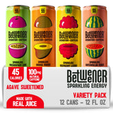 Betweener front 12‑pack showing variety and convenient cans for on‑the‑go refreshment