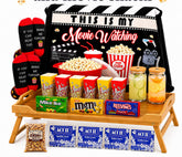Beyond The Box front view of assembled movie night basket showcasing contents and gift-ready look