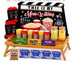 Beyond The Box front view of assembled movie night basket showcasing contents and gift-ready look