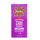 Bhakti front carton showing unsweetened chai concentrate and servings benefit