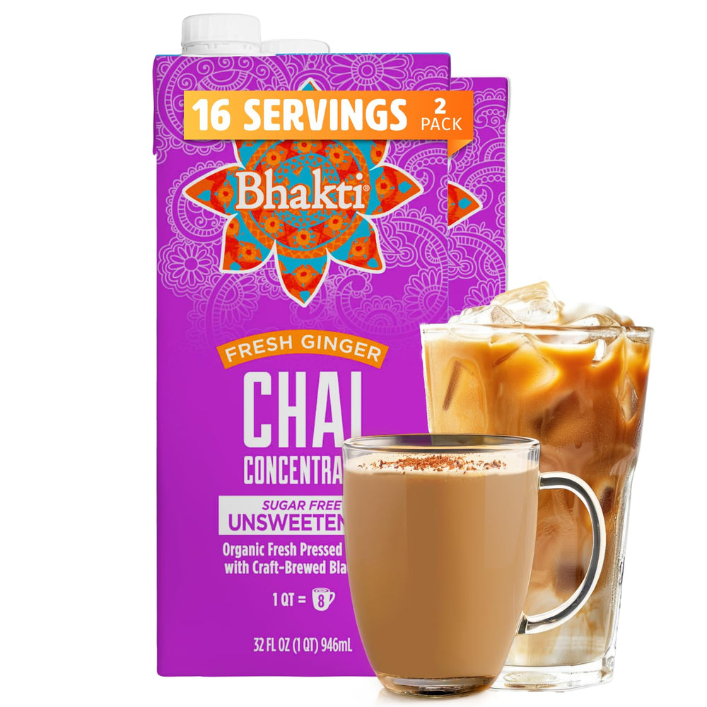 Bhakti front packaging 32oz carton showing unsweetened chai concentrate benefit quick mixing