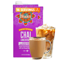 Bhakti front packaging 32oz carton showing unsweetened chai concentrate benefit quick mixing