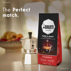 Bialetti Classico espresso pour shot showcasing crema and intense flavor