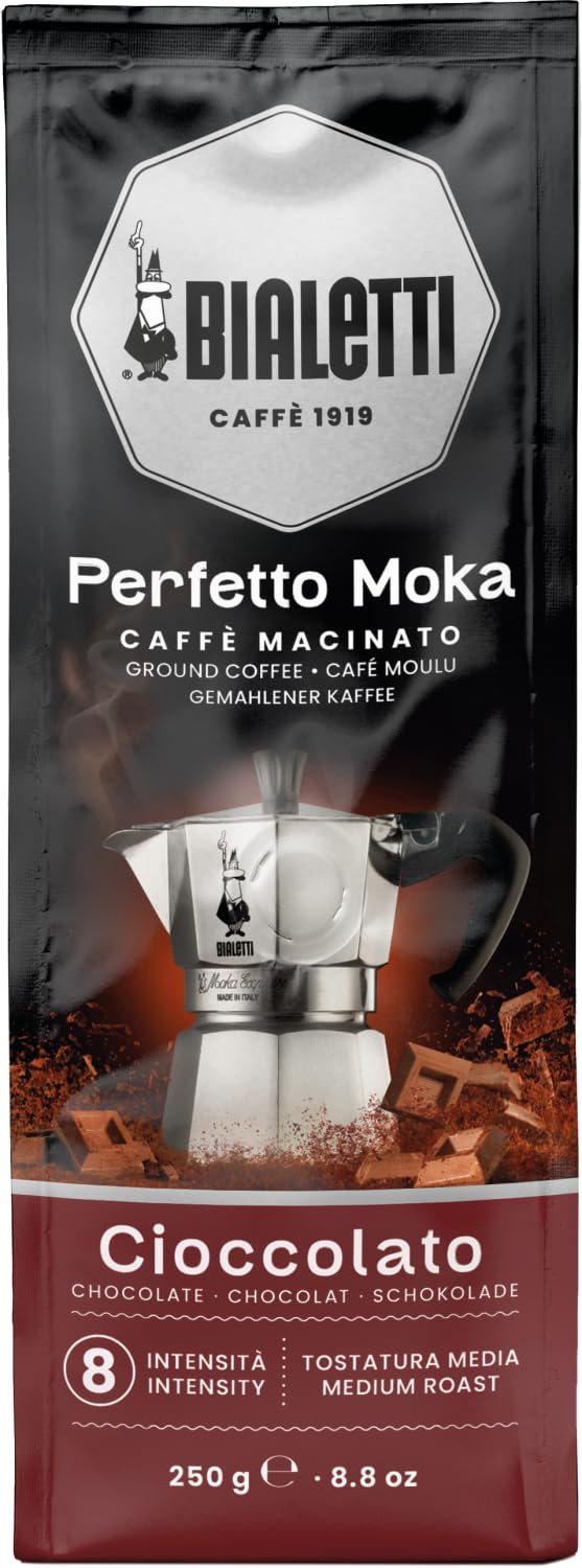 Bialetti Perfetto Moka Cioccolato front bag showing packaging and freshness valve benefit