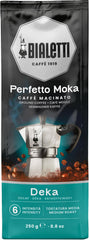 Bialetti Perfetto Moka Deka front packaging showing 250g bag and aroma valve for fresh flavor