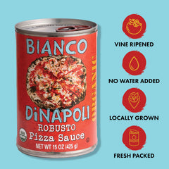 bianco dinapoli can opened and sauce pouring, showing easy use and thick pour