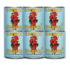 Bianco DiNapoli front label showing organic crushed tomatoes, clear product benefit