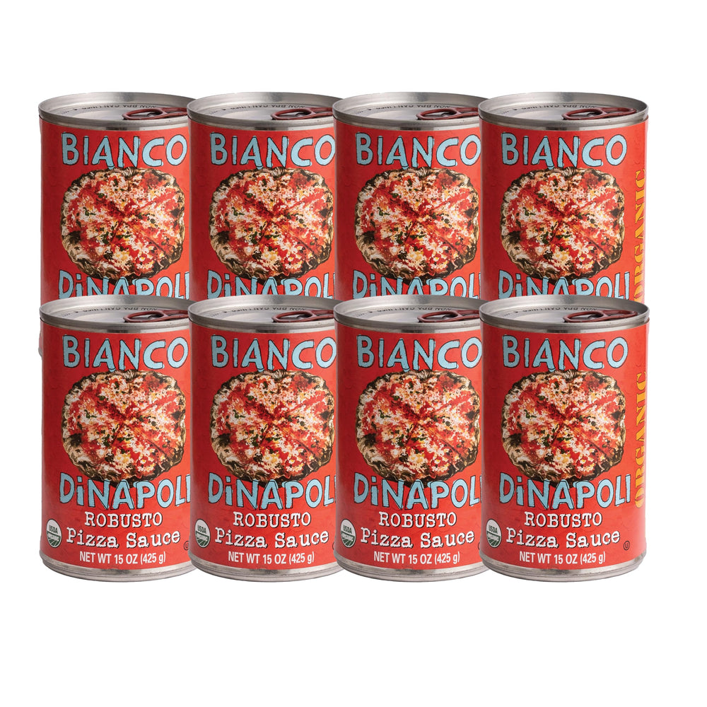 bianco dinapoli front can label showing organic robusto sauce branding and benefits