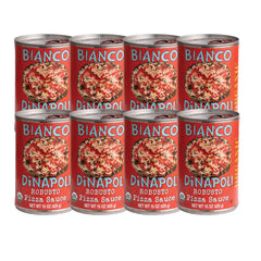 bianco dinapoli front can label showing organic robusto sauce branding and benefits