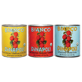 Bianco DiNapoli front packaging showing three 28 oz cans and organic branding benefits