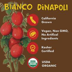 Bianco DiNapoli label with USDA organic seal emphasizing quality ingredients