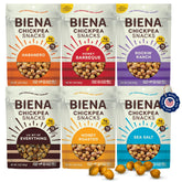 BIENA front packaging showing six 5 oz resealable bags and flavors benefit convenience
