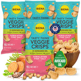 BIENA front packshot showing crunchy veggie crisps and branding benefit: clear product view