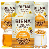 BIENA front packaging showing 5oz honey roasted chickpeas, convenient resealable bag