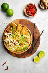 Big Green Organic Food millet ramen served in a bowl with vegetables, ready to eat