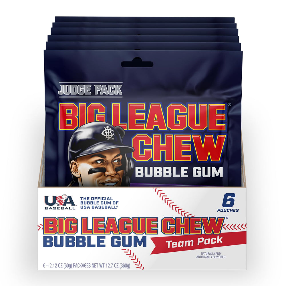 Big League Chew front packaging showing six Grand Slam Grape pouches and branding benefit freshness
