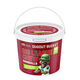 Big League Chew bucket front view showing sour cherry gumballs and labeling benefit convenience