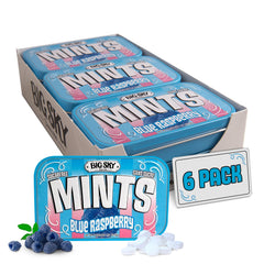 Big Sky front tin showing blue raspberry label and travel convenience
