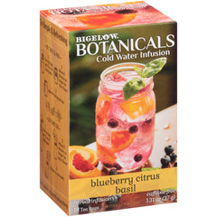 Bigelow Tea front packaging showing Blueberry Citrus Basil benefits freshness