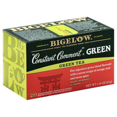 Bigelow Constant Comment green tea front packaging showing flavor and convenient 20-count box