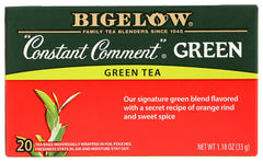 Bigelow Constant Comment green tea front packaging shows three boxes and freshness