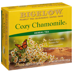 Bigelow Cozy Chamomile front box showing 100-count and freshness benefits