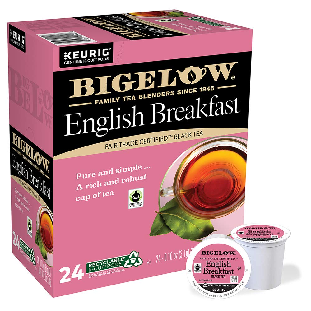Bigelow box front showing English Breakfast pods and clear product branding benefit convenience