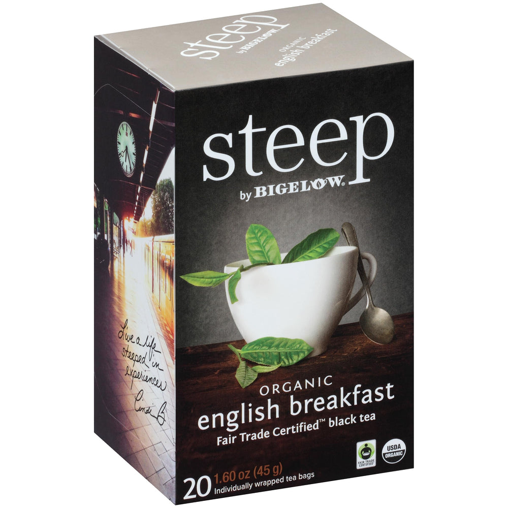Bigelow front packaging showing organic English Breakfast and quantity benefit