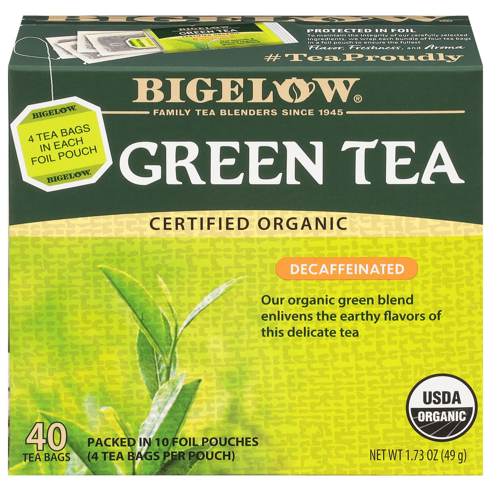Bigelow front box packshot showing organic decaffeinated green tea and benefits