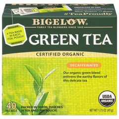 Bigelow front box packshot showing organic decaffeinated green tea and benefits