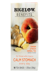 Bigelow Tea front packaging showing Ginger Peach boxes for pantry convenience