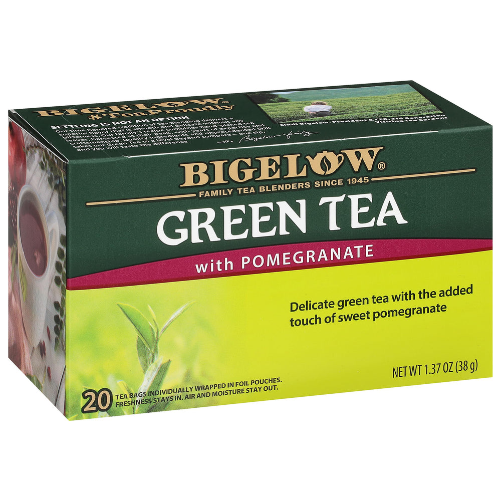 Bigelow front box showing green tea with pomegranate for clear product identification and freshness