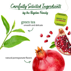 Bigelow close-up of loose tea leaves and pomegranate pieces revealing natural ingredients