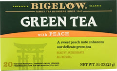 Bigelow tea front packaging showing peach green tea and pack benefits