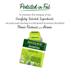 Bigelow brewed cup highlighting clear jasmine-green color and soothing sip