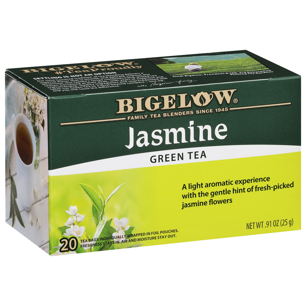 Bigelow front packaging showing six-box bundle and jasmine green tea freshness