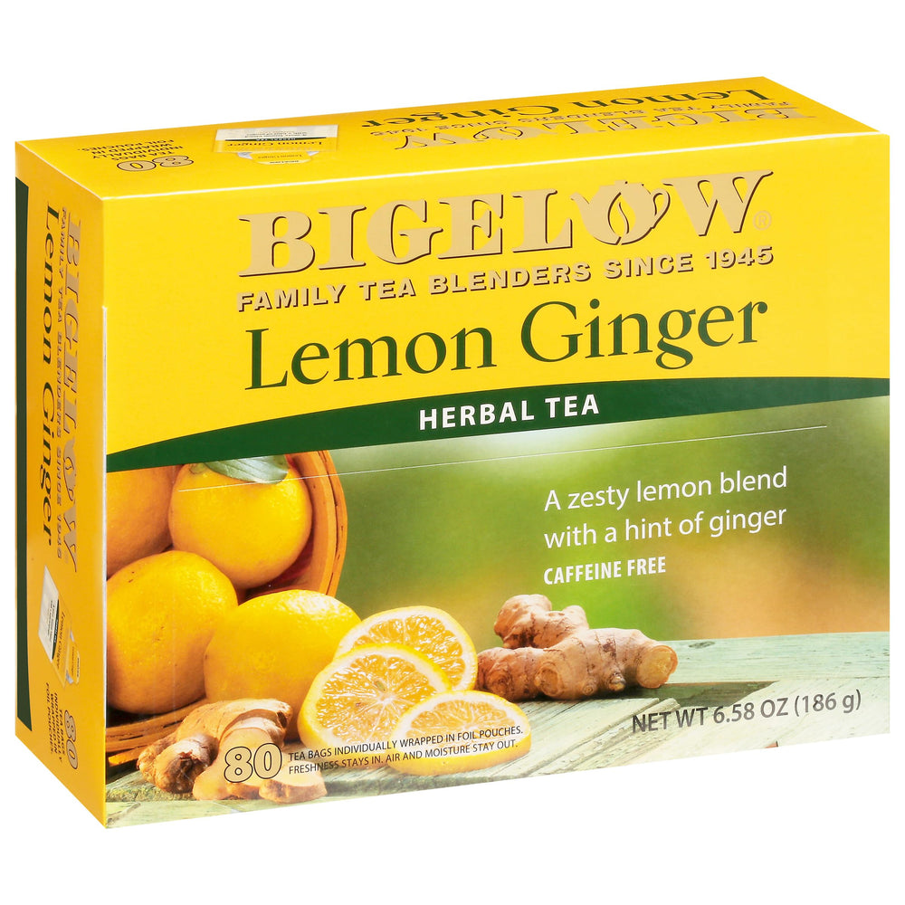 Bigelow Lemon Ginger front packaging showing 80-count and freshness benefit