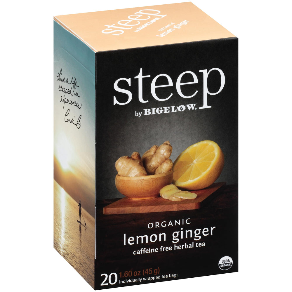 Bigelow front packaging showing organic lemon ginger and pack benefits