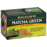 Bigelow box front showing Matcha Green Tea with Turmeric and 18 bags indicating bulk value